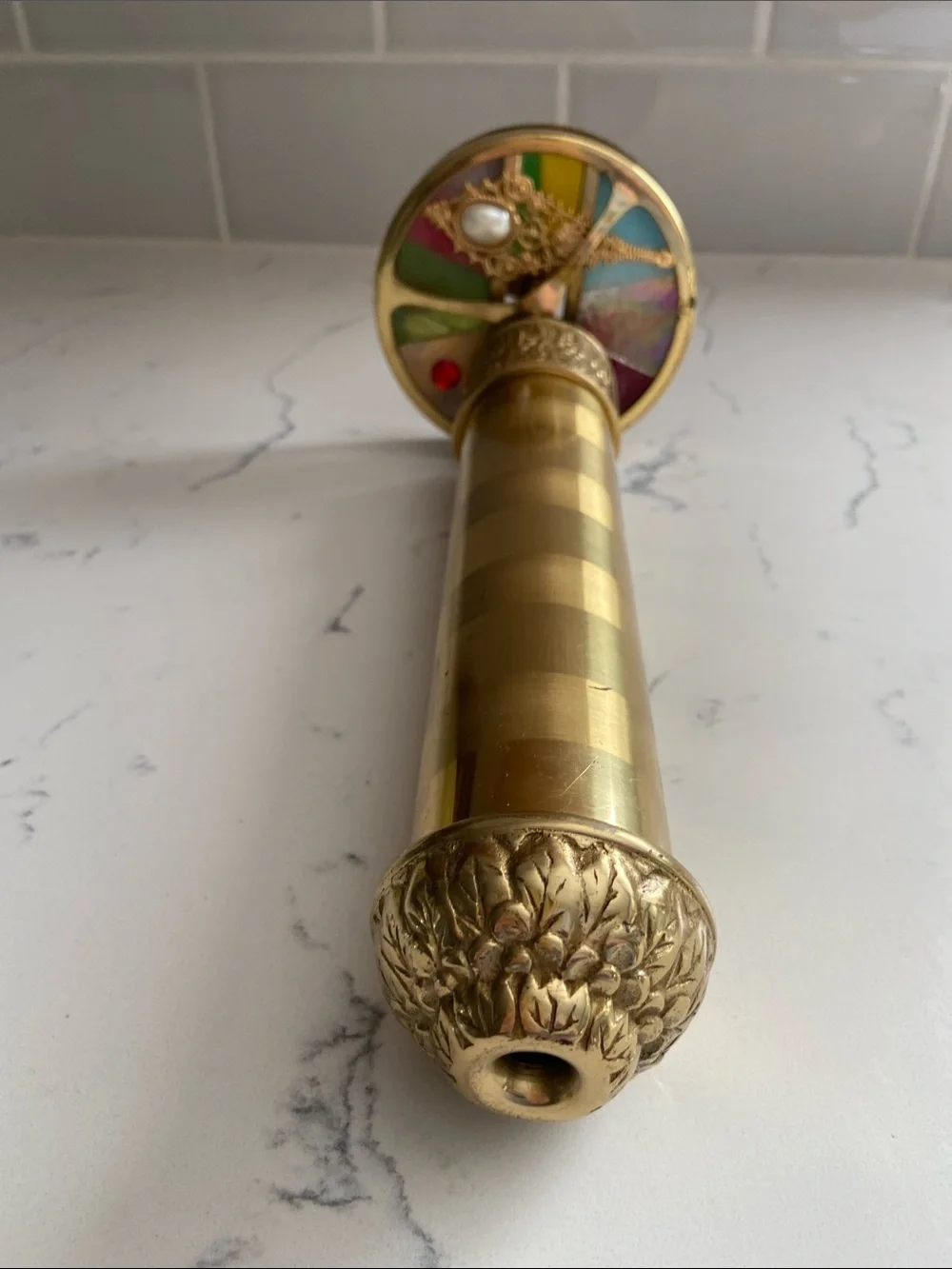 Ornate Brass Double Wheel Kaleidoscope Stained Glass 11”